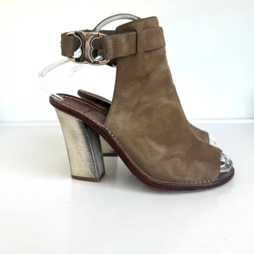 Tory Burch Gemini‎ Link Sandals Taupe Suede Block Heel Peep Toe Designer 7.5